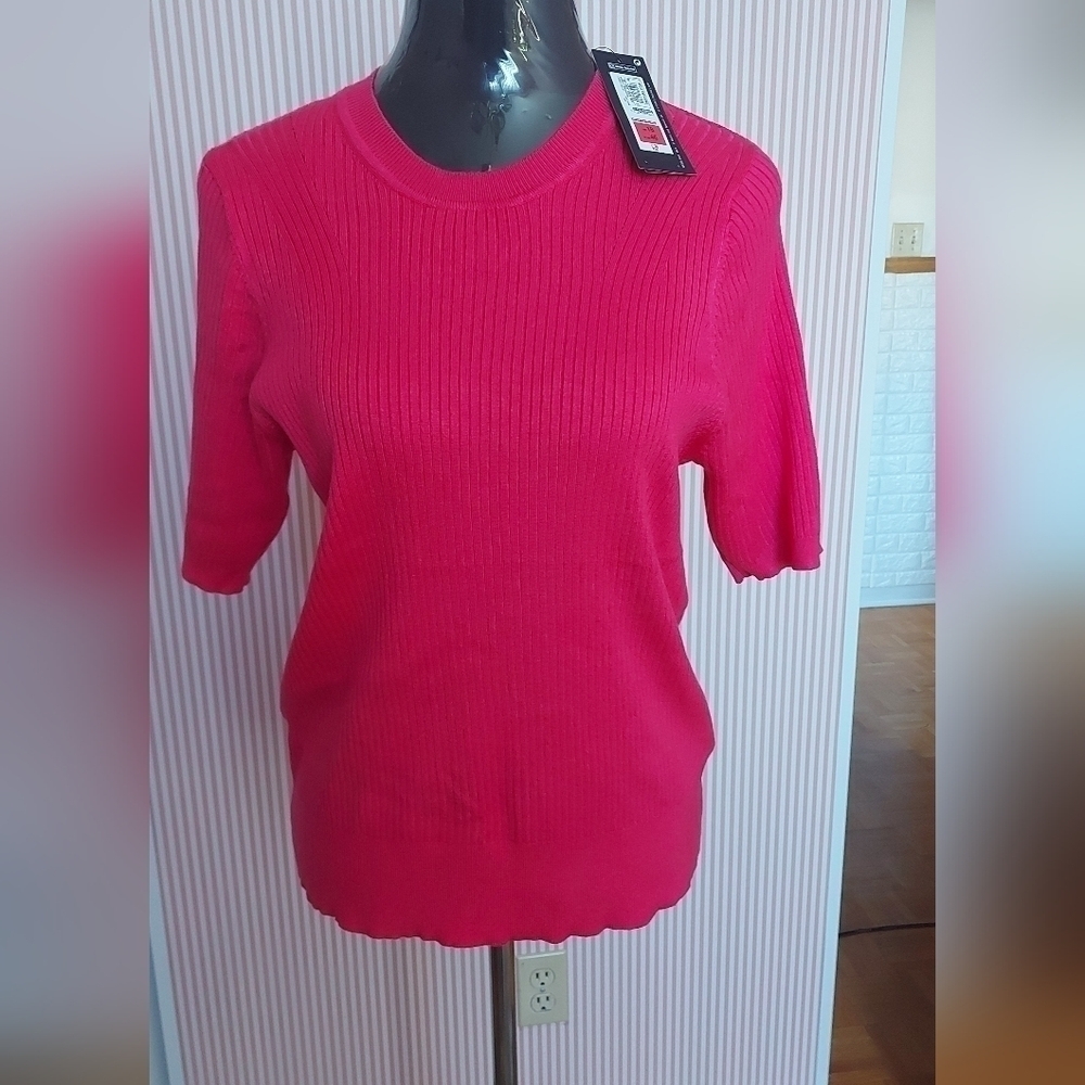 Bright Barbiecore M&S Top Crew Neck Knit Tee Sweater Ribbed Size 14 Classic